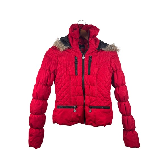 Dollhouse Red Puffer Jacket Juniors Size Small Faux Fur Hooded Winter Coat Y2K - Picture 1 of 10